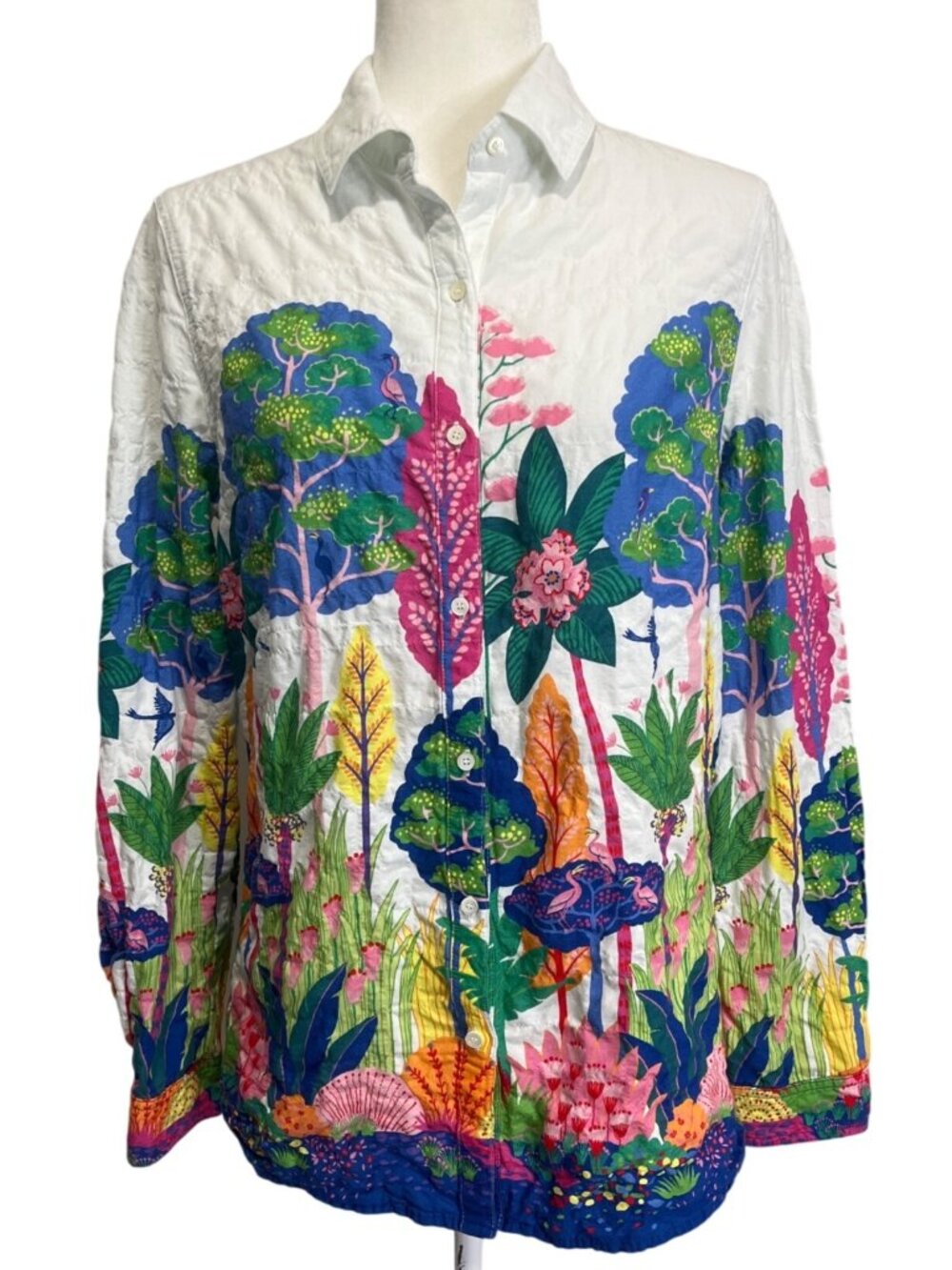 J. McLaughlin Women Size M Lois Top Button-Up Floral Bird Colorful Cotton Shirt